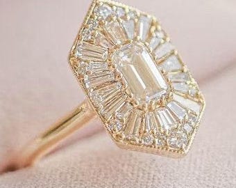 Hexagon Shape 1CT Emerald Cut Moissanite Ballerina Diamond Mosaic Ring Baguette Halo Engagement Ring in Silver Starburst Ring Christmas Gift
