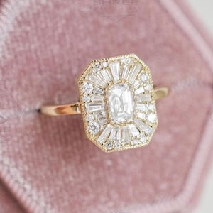 Art Deco Emerald Cut Moissanite Engagement Ring, Vintage Mosaic Starburst Ring in 14K Yellow Gold, Tapered Baguette Accent Ring For Wife