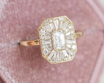 Art Deco Ring Moissanite Engagement Ring 1CT Emerald Cut Moissanite Mosaic Rings in Silver Starburst Vintage Ring for valentine's day gifts
