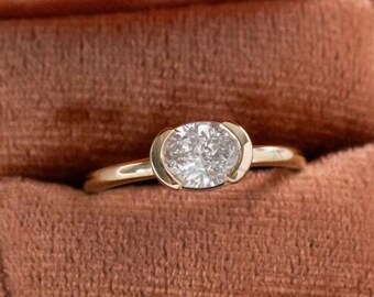 Oval Moissanite Engagement Ring, East-West Half Bezel Set Ring, Sterling Silver Stackable Ring, Birthday Gifts For Women