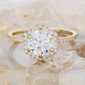 Rose Gold Plated Moissanite Engagement Ring,Hexagon Moissanite Ring, 2CT Round Halo Diamond Half Eternity Hexagon Shaped Bridal Wedding Ring