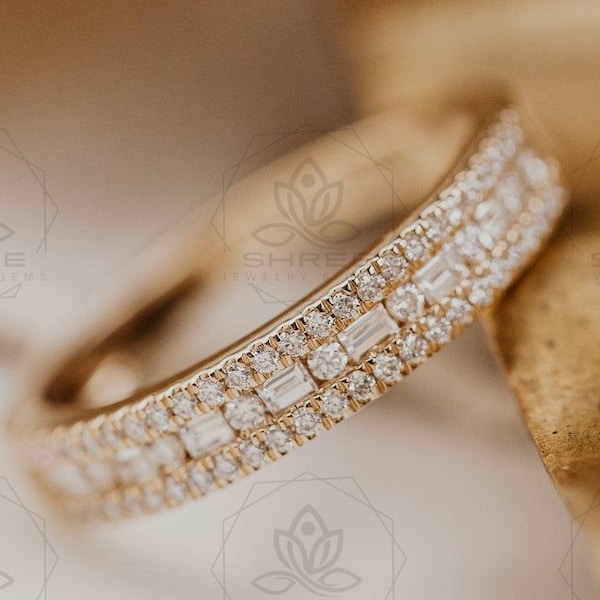 Baguette and Round Half Eternity Band, Channel Set Moissanite Wedding Band Ring, Stacking Vintage Band, Silver 3 Row Promise Rings For Women