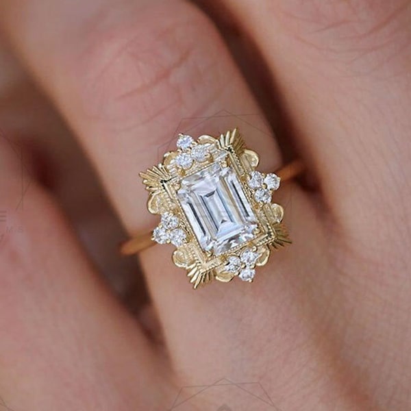 Emerald Cut Moissanite Ring, Vintage Art Deco Bridal Ring, 925 Sterling Silver
