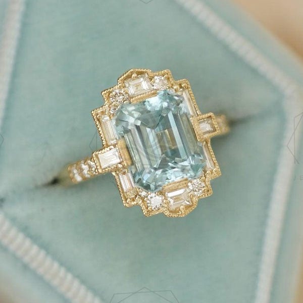 Art Deco Aquamarine CZ Ring: Sterling Silver Engagement Jewelry