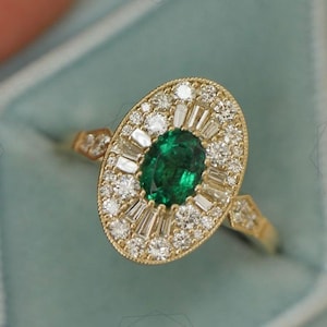 Vintage Silver Ring, Emerald Oval Ballerina Diamond Mosaic Ring,Starburst Double Halo Engagement Ring,Art Deco Wedding Anniversary Ring Gift