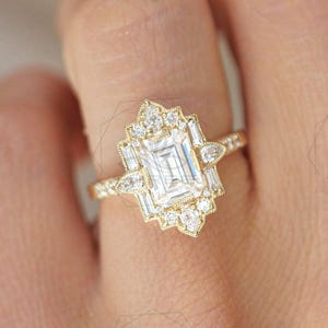 Emerald Cut With Pear & Baguette Moissanite Engagement Ring, Vintage Ring,Art Deco 1CT Emerald Cut Bridal Ring, Mosaic Wedding Rings for Her