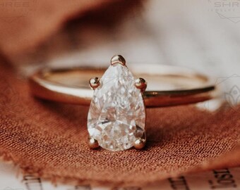 Pear Cut CZ Diamond Solitaire Ring, Pear Shaped Engagement Ring, 1.75 CT Moissanite Diamond Ring, 14k Gold Wedding Proposal Ring