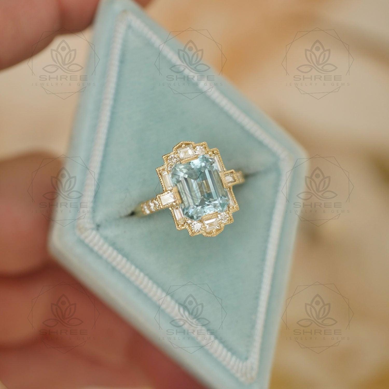 Art Deco Ring,1.5 CT Emerald Cut Aquamarine CZ Diamond Mosaic Ring, Vintage-Inspired Engagement Ring, Silver Statement Unique Jewelry Gift