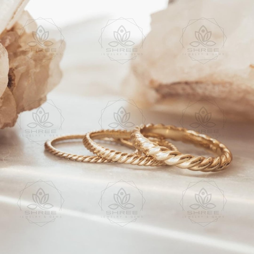14K Solid Gold Braided Twist Ring, Dainty Stacking Band - Etsy