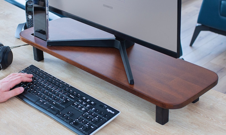 Wooden Monitor Stand Improves Posture & Organization Desk Monitor Riser ...