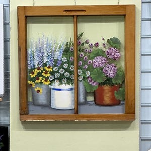 Vintage floral art repurposed window hand painted pots with flowers