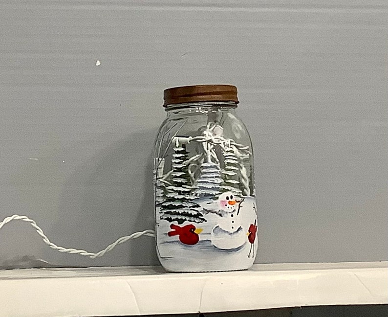 Mason jar light snowmen with cardinals image 3