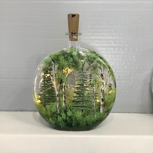 Bottle  light hand painted glass forest