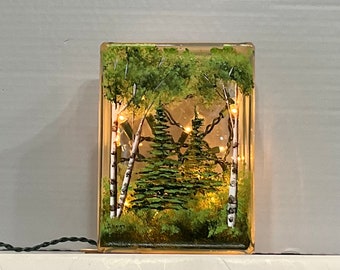 Glass Block Light Lamp-Birch and Fur Tree Forrest