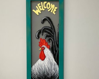 Rooster welcome screen painting window porch decor country