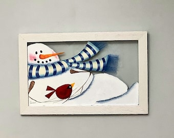 Repurposed glass framed painting melting snowman with cardnals