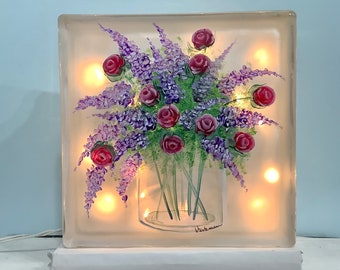 Lighted Glass block light lamp night light Purple Lilacs and pink roses