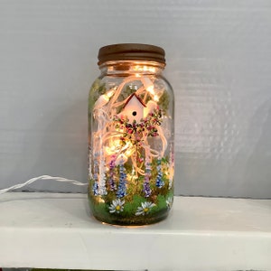 Hand Painted Mason Jar Night Light: Birdhouse Garden Decor