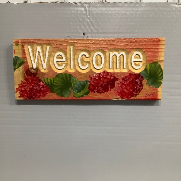 Recycled barn wood sign welcome red geraniums or blue hydrangeas engraved wall decor