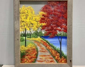 Window repurposed glass hand painted fall trees