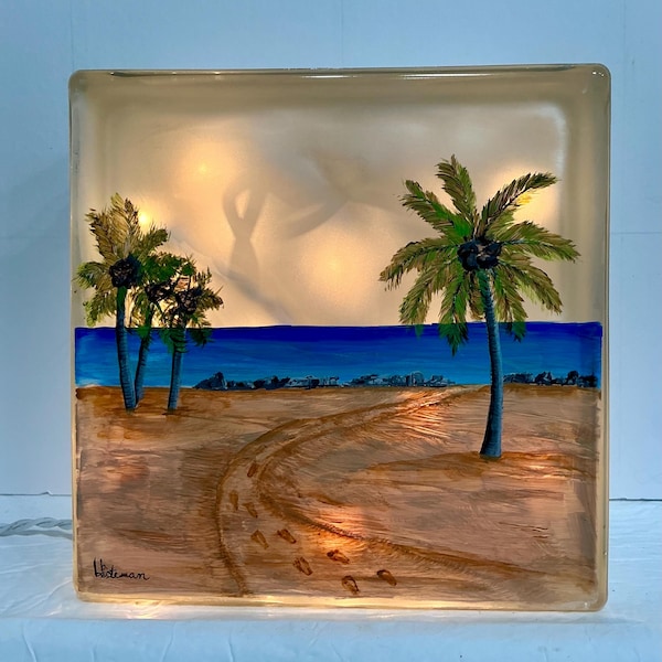 Hand Painted Beach Scene Glass Block Night Light