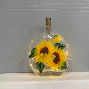Bottle  light hand painted glass sunflowers