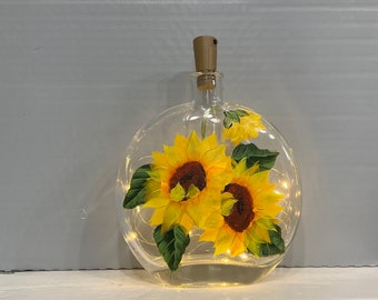 Bottle  light hand painted glass sunflowers