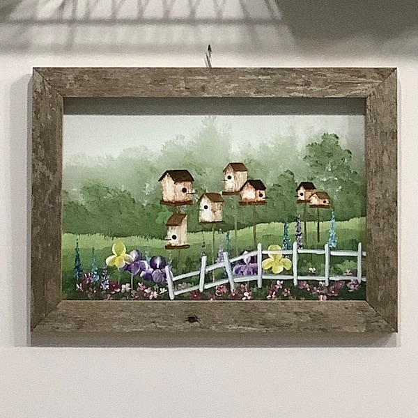 Window repurposed glass barn wood frame painted window birdhouses garden flowers hand painted window vintage glass art