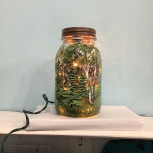 Hand Painted Forest Mason Jar Night Light: Birch & Fir Tree Scene
