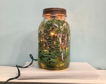 Mason jar light lamp night light birch tree and fir tree forest