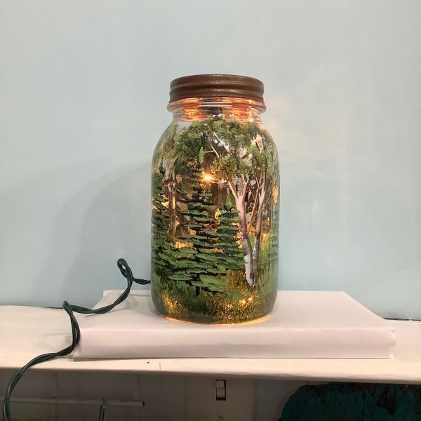 Mason jar light lamp night light birch tree and fir tree forest