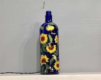 Lighted wine bottle sunflowers hand painted