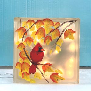 Fall cardinal with leaves night light glass block plug in or battery pack
