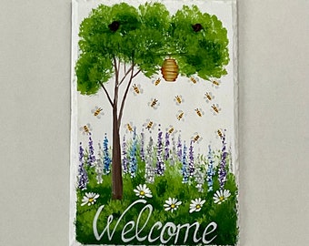 Sign-slate welcome-Lilacs - Garden with bees