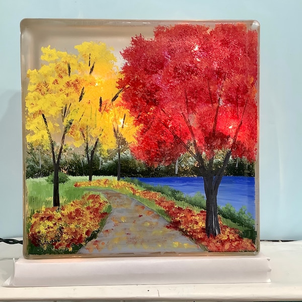 Fall trees Glass Block Light Lamp plug in ot battery