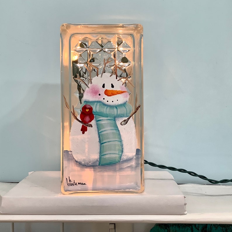 Glass block small snowman bad hair day with cardinal