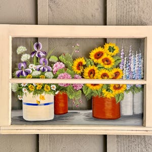 Vintage floral art repurposed window hand painted pots with flowers with purple iris and sunflowers