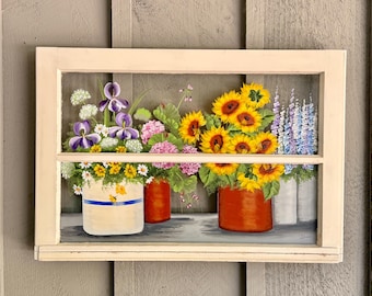 Vintage floral art repurposed window hand painted pots with flowers with purple iris and sunflowers