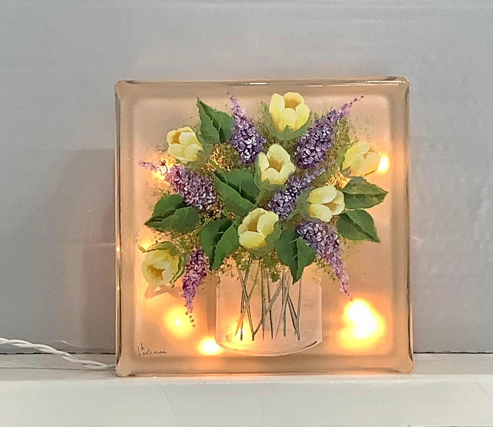 Glass Block Light Night Light Vase Lilacs and Tulips Etsy