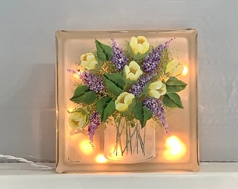 Glass block light night light vase lilacs and tulips