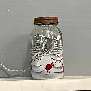 Mason jar light snowmen with cardinals image 2