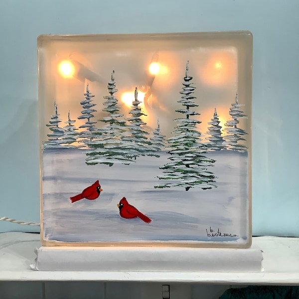 Winter Cardinal Glass Block Night Light: Hand-Painted Snow Scene