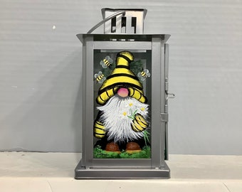 Lantern silver candle holder hand painted gnome yellow with bees