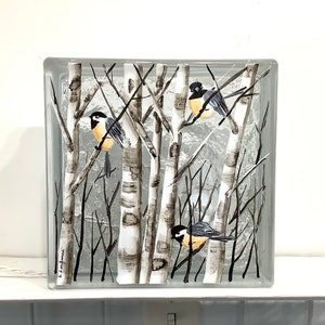 Glass Block Light Lamp-Chickadees and Birch Trees Electric plug in and battery pack