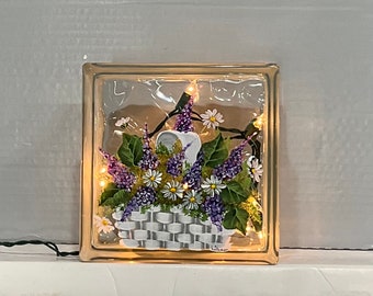 Glass block basket lilacs night light