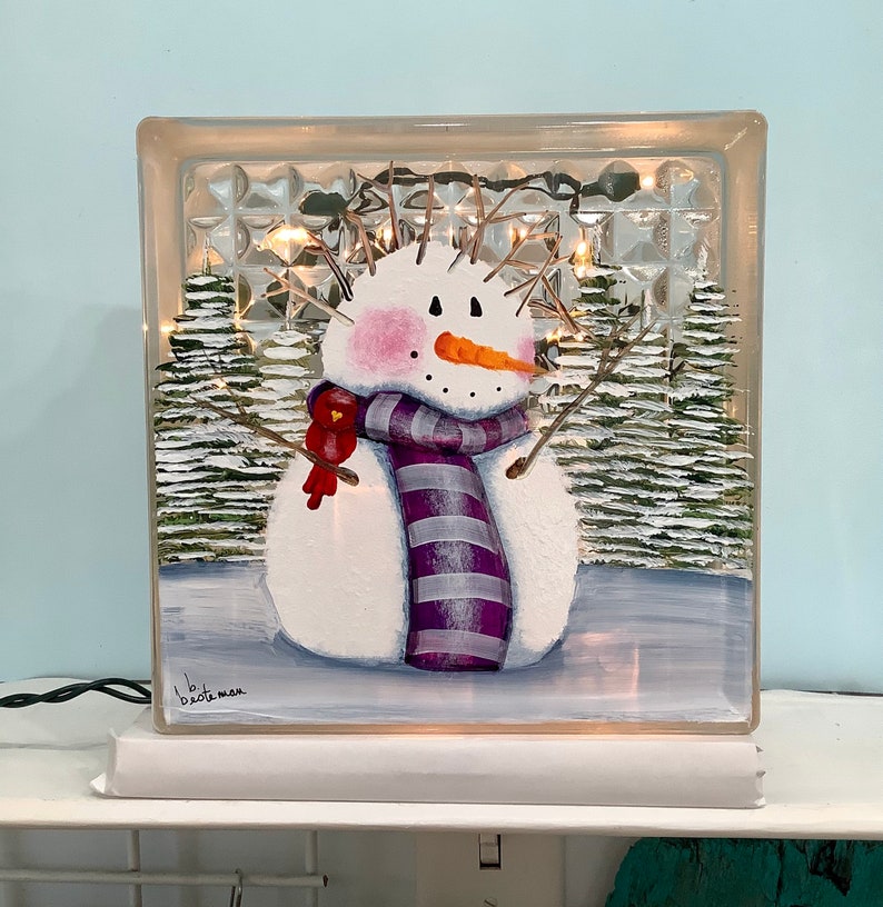 Glass block small snowman bad hair day with cardinal
