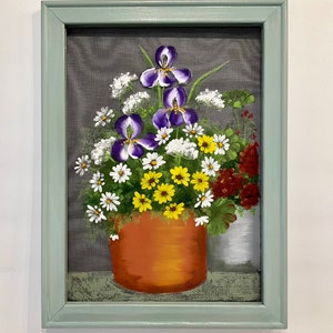 Vintage hand painted screen pots of flowers with iris on screen