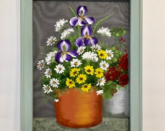 Vintage hand painted screen pots of flowers with iris on screen