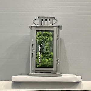 Lantern Silver metal candle holder hand painted forest