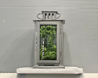 Lantern Silver metal candle holder hand painted forest